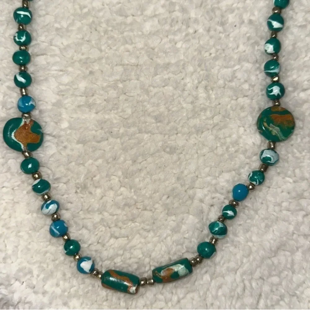 BLUE GREEN GOLD MARBLE TONES WOODEN NECKLACE